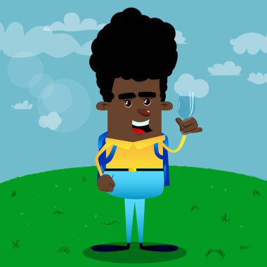 Bir bardak su ile okul çocuğu. Vektör çizgi film karakteri çizim.