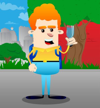 Bir bardak su ile okul çocuğu. Vektör çizgi film karakteri çizim.