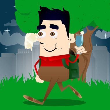 Bir bardak su ile okul çocuğu. Vektör çizgi film karakteri çizim.