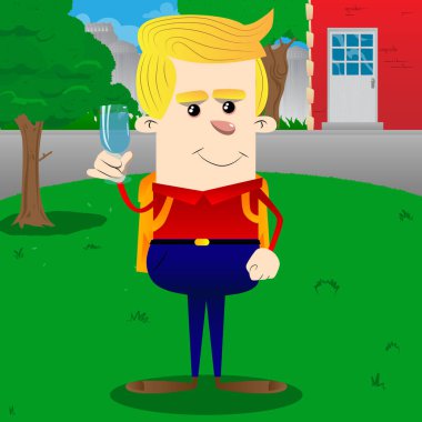 Bir bardak su ile okul çocuğu. Vektör çizgi film karakteri çizim.