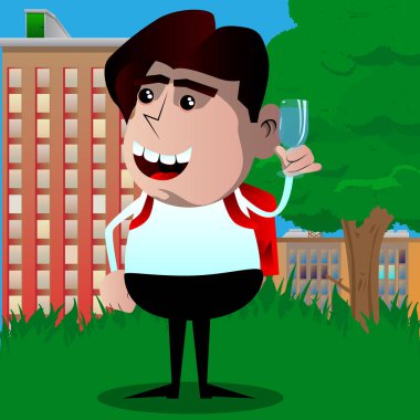 Bir bardak su ile okul çocuğu. Vektör çizgi film karakteri çizim.