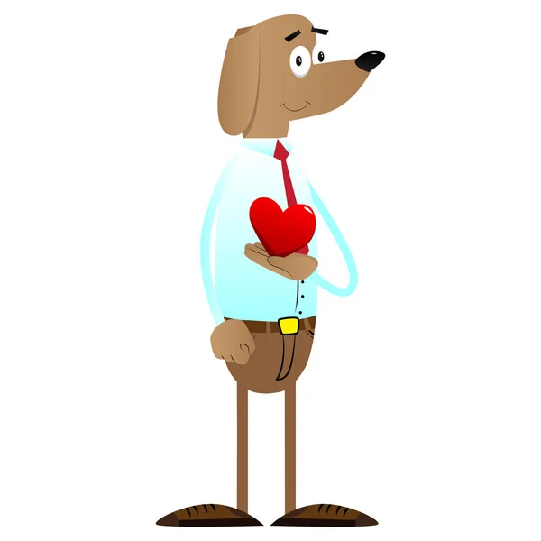 Cartone Animato Illustrato Business Dog Tenendo Cuore Rosso Mano — Vettoriale Stock
