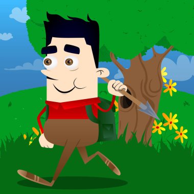 Mızrak elinde tutan okul çocuğu. Vektör çizgi film karakteri çizim.