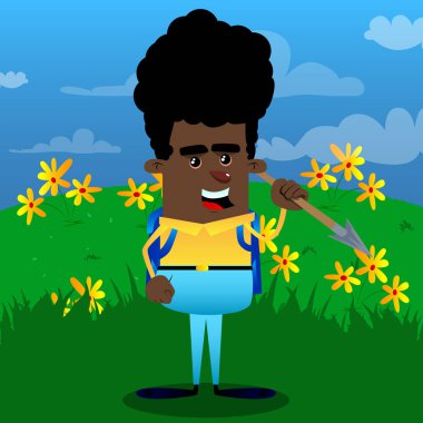 Mızrak elinde tutan okul çocuğu. Vektör çizgi film karakteri çizim.