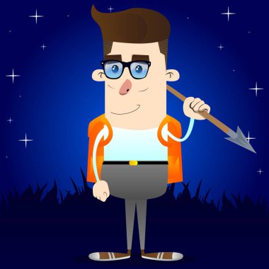 Mızrak elinde tutan okul çocuğu. Vektör çizgi film karakteri çizim.