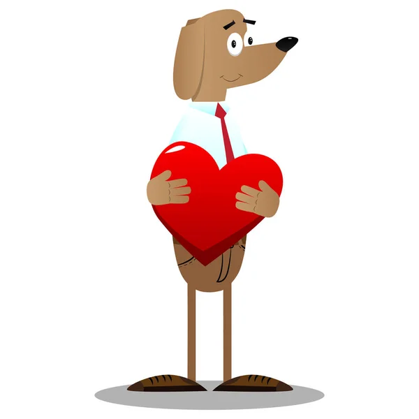 Cartone Animato Illustrato Business Dog Abbraccio Grande Cuore Rosso — Vettoriale Stock