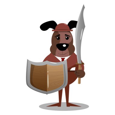 Holding bir kılıç ve kalkan resimli iş köpek çizgi film.