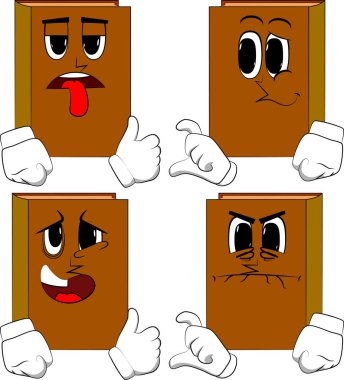 Kitaplar yapma arkadaşım bölge sembolü. Üzgün, bıkkın ve kızgın yüzü olan çizgi film kitap koleksiyonu. İfadeler kümesi vektör.