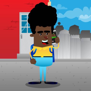 Cep telefonuyla konuşurken okul çocuğu. Vektör çizgi film karakteri çizim.