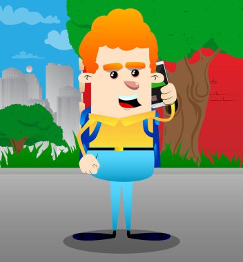 Cep telefonuyla konuşurken okul çocuğu. Vektör çizgi film karakteri çizim.