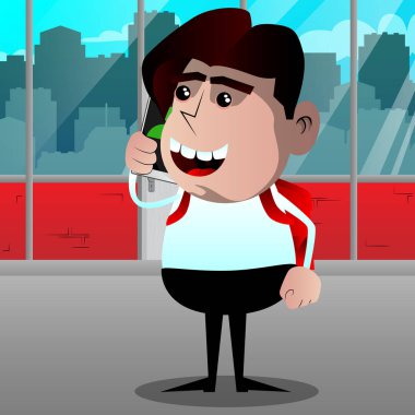 Cep telefonuyla konuşurken okul çocuğu. Vektör çizgi film karakteri çizim.