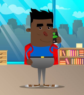 Cep telefonuyla konuşurken okul çocuğu. Vektör çizgi film karakteri çizim.