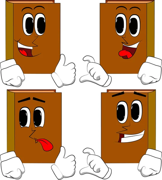 Kitaplar yapma arkadaşım bölge sembolü. Karikatür kitap koleksiyonu ile mutlu yüzler. İfadeler kümesi vektör.