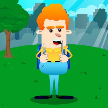 Bir bıçak ve çatal tutan okul çocuğu. Vektör çizgi film karakteri çizim.