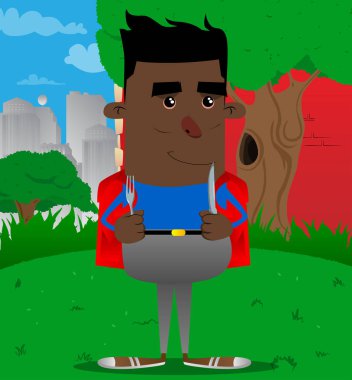 Bir bıçak ve çatal tutan okul çocuğu. Vektör çizgi film karakteri çizim.