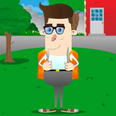 Bir bıçak ve çatal tutan okul çocuğu. Vektör çizgi film karakteri çizim.