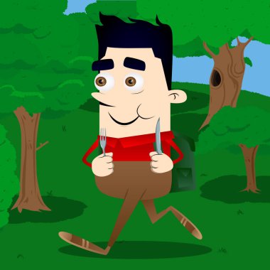 Bir bıçak ve çatal tutan okul çocuğu. Vektör çizgi film karakteri çizim.