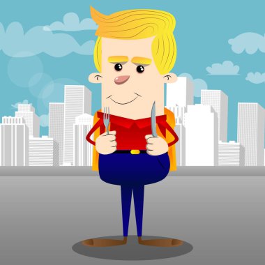 Bir bıçak ve çatal tutan okul çocuğu. Vektör çizgi film karakteri çizim.