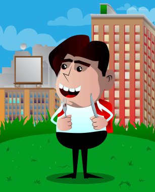 Bir bıçak ve çatal tutan okul çocuğu. Vektör çizgi film karakteri çizim.