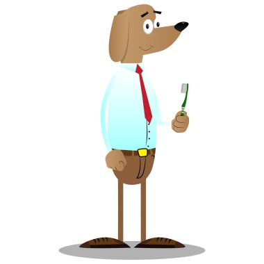 Resimli iş köpek diş fırçası tutan karikatür.