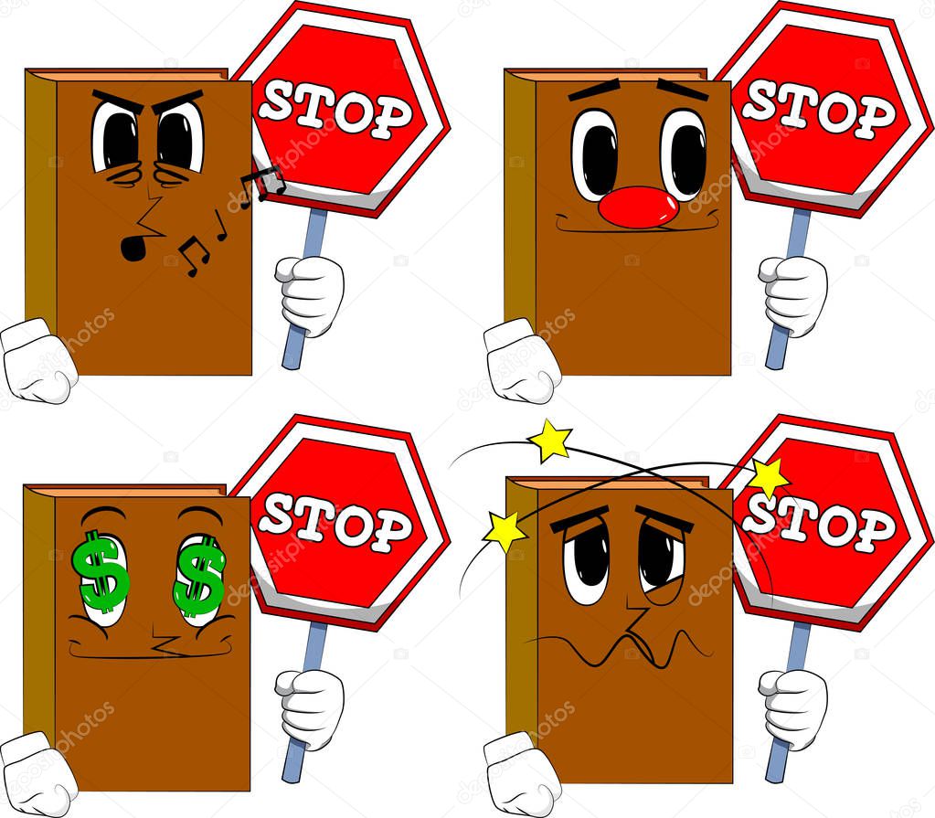 Books holding a stop sign. Cartoon book collection with various faces. Expressions vector set.