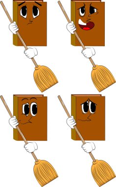 Bir süpürge tutan kitaplar. Karikatür kitap koleksiyonu ile yüzleri üzgün. İfadeler kümesi vektör.