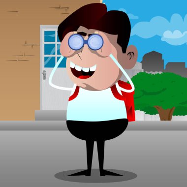 Dürbün arıyor bir okul çocuğu. Vektör çizgi film karakteri çizim.