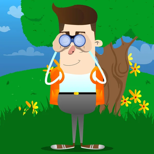Dürbün arıyor bir okul çocuğu. Vektör çizgi film karakteri çizim.