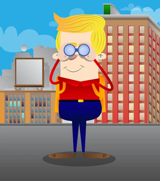 Dürbün arıyor bir okul çocuğu. Vektör çizgi film karakteri çizim.