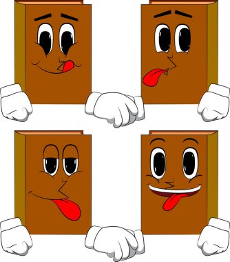 Kitap anlaşması yapma. Karikatür kitap koleksiyonu ile mutlu yüzler. İfadeler kümesi vektör.
