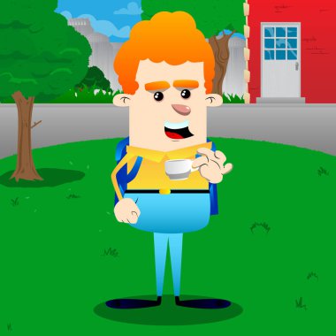 Kahve içme okul çocuğu. Vektör çizgi film karakteri çizim.