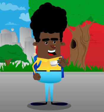 Kahve içme okul çocuğu. Vektör çizgi film karakteri çizim.