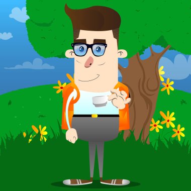 Kahve içme okul çocuğu. Vektör çizgi film karakteri çizim.