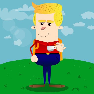 Kahve içme okul çocuğu. Vektör çizgi film karakteri çizim.