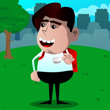 Kahve içme okul çocuğu. Vektör çizgi film karakteri çizim.