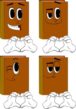 Kitap kalp şekli ile jest ver. Karikatür kitap koleksiyonu ile mutlu yüzler. İfadeler kümesi vektör.