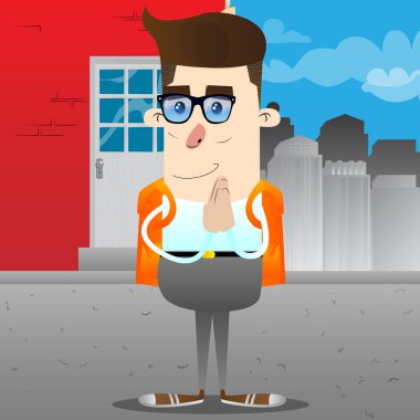 Eller dua ile okul çocuğu. Vektör çizgi film karakteri çizim.