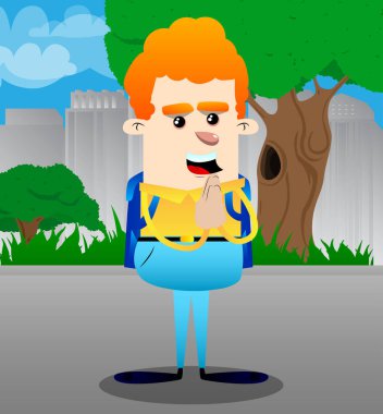 Eller dua ile okul çocuğu. Vektör çizgi film karakteri çizim.