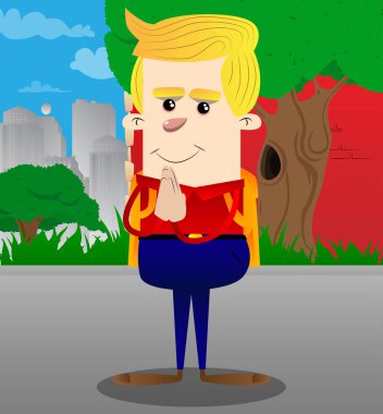 Eller dua ile okul çocuğu. Vektör çizgi film karakteri çizim.