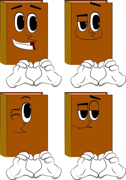 Kitap kalp şekli ile jest ver. Karikatür kitap koleksiyonu ile mutlu yüzler. İfadeler kümesi vektör.