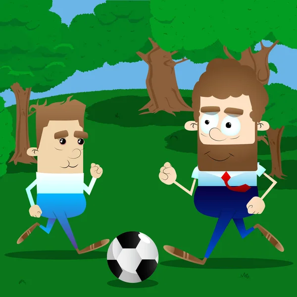 活跃的父亲在闲暇时间和儿子一起踢足球 矢量卡通人物插画 — 图库矢量图片