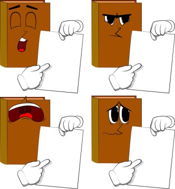 Beyaz kağıt tutan ve bunda işaret eden kitap. Karikatür kitap koleksiyonu ile yüzleri üzgün. İfadeler kümesi vektör.