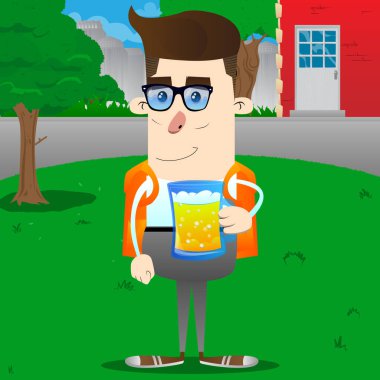 Bira içmek okul çocuğu. Vektör çizgi film karakteri çizim.