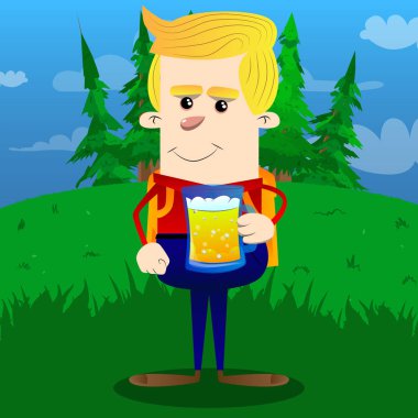 Bira içmek okul çocuğu. Vektör çizgi film karakteri çizim.