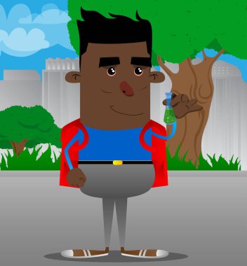 Tüp bebek tutan okul çocuğu. Vektör çizgi film karakteri çizim.