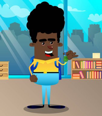 Tüp bebek tutan okul çocuğu. Vektör çizgi film karakteri çizim.