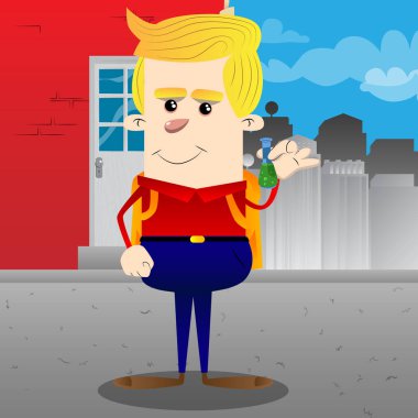 Tüp bebek tutan okul çocuğu. Vektör çizgi film karakteri çizim.