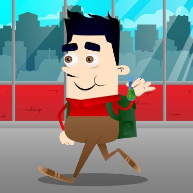 Tüp bebek tutan okul çocuğu. Vektör çizgi film karakteri çizim.