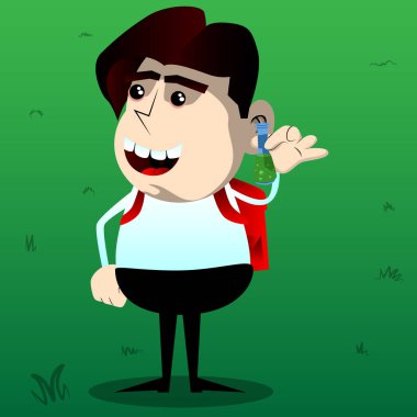 Tüp bebek tutan okul çocuğu. Vektör çizgi film karakteri çizim.