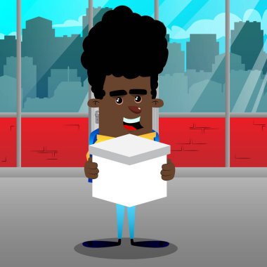 Okul çocuğu holding beyaz kutu. Vektör çizgi film karakteri çizim.